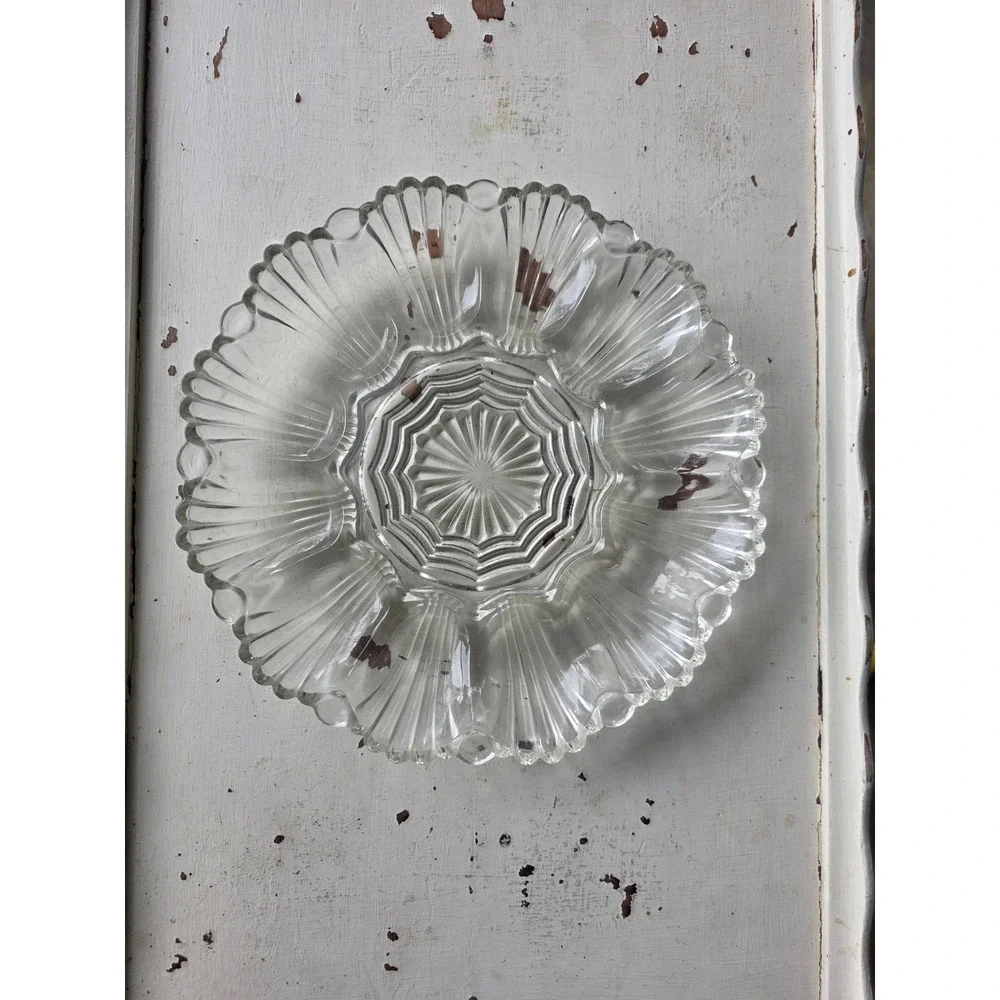 Anchor Hocking Clear Pressed Glass Shell Fan Sunburst Deviled Egg Platter 11